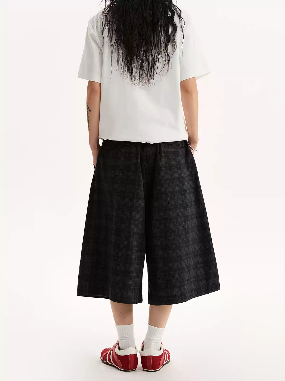 Lazy Plaid Elastic Waist Wide Leg Cropped Pants