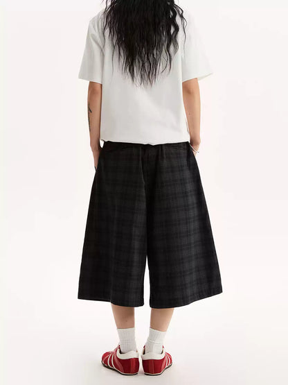 Lazy Plaid Elastic Waist Wide Leg Cropped Pants