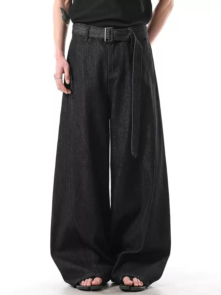Adjustable Belt A-Line Wide-Leg Loose Black Jeans