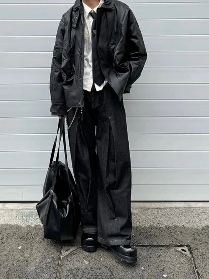 Black Wide-Leg Pleated Denim Pants