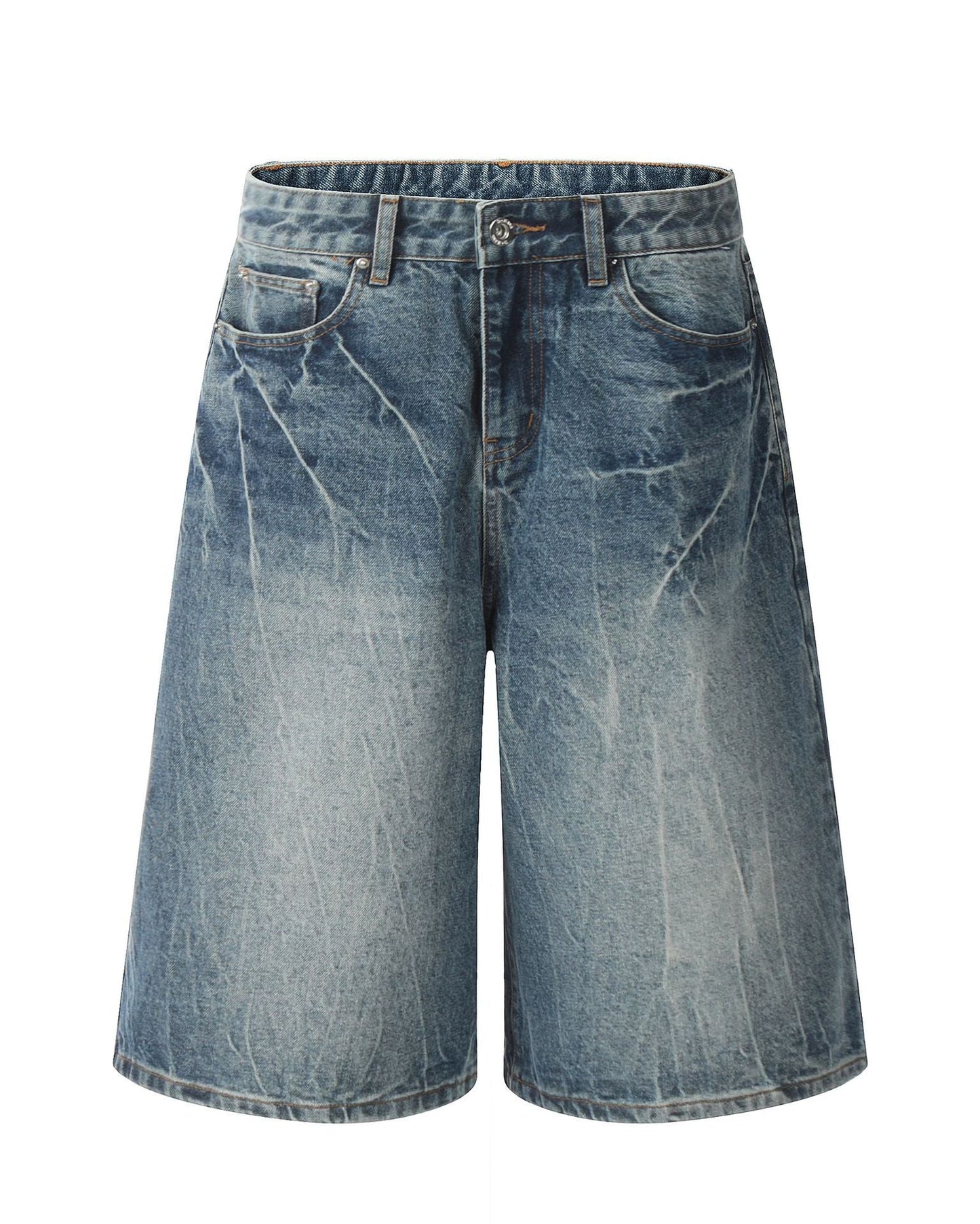 Washed Lightning Pattern Denim Shorts