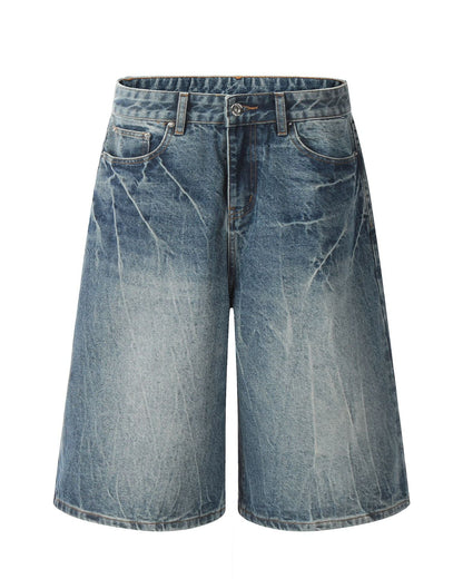 Washed Lightning Pattern Denim Shorts