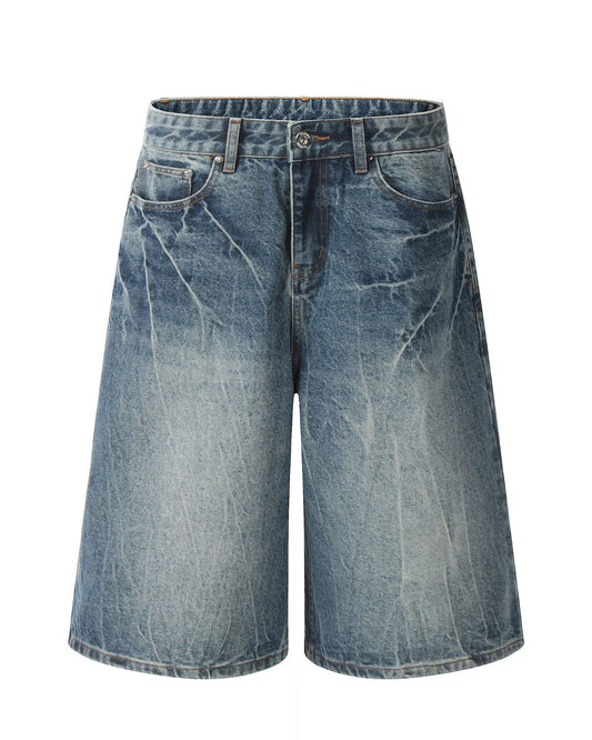 Washed Lightning Pattern Denim Shorts