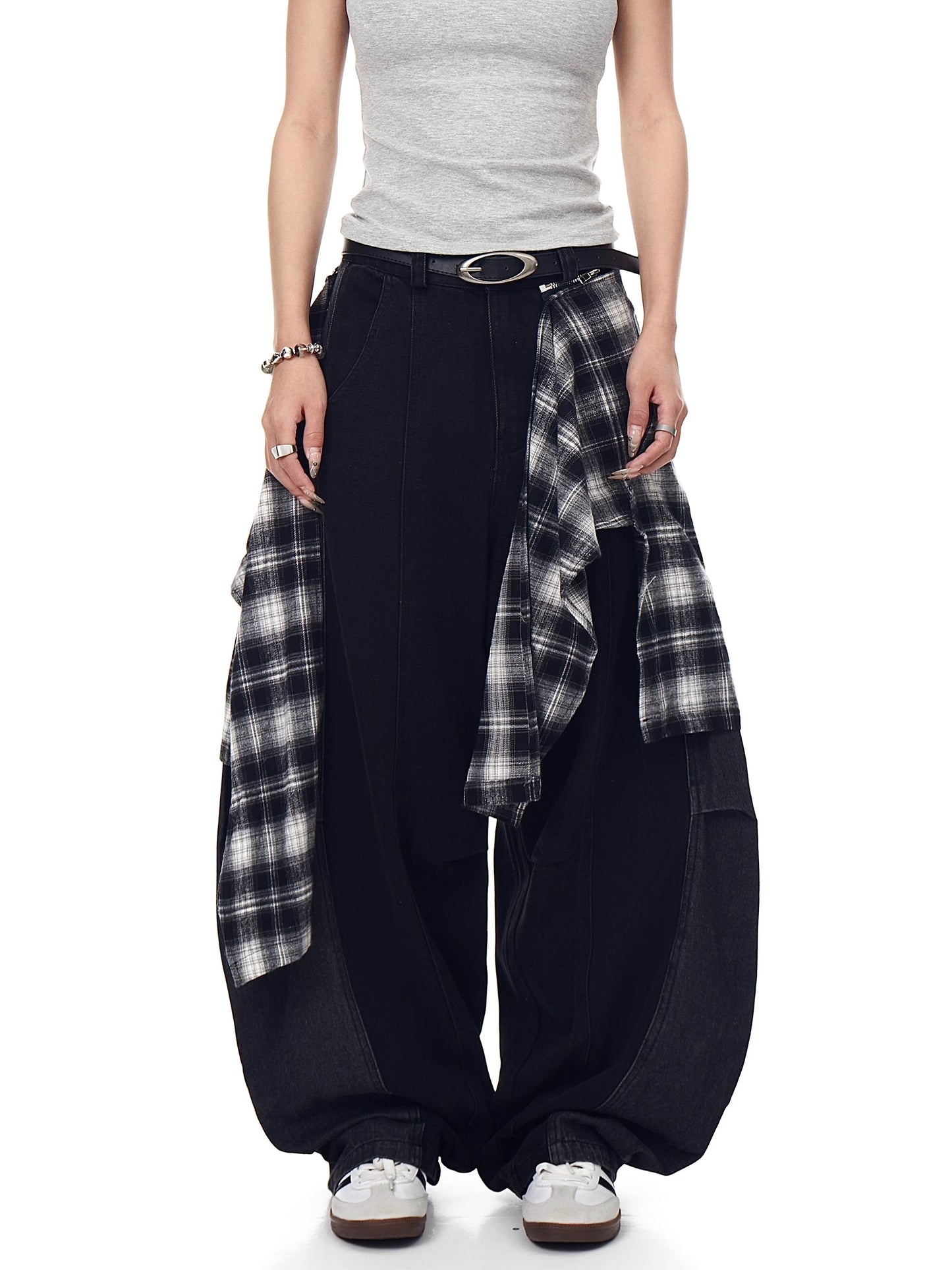 Retro Plaid Skirt Stitching Scimitar Jeans