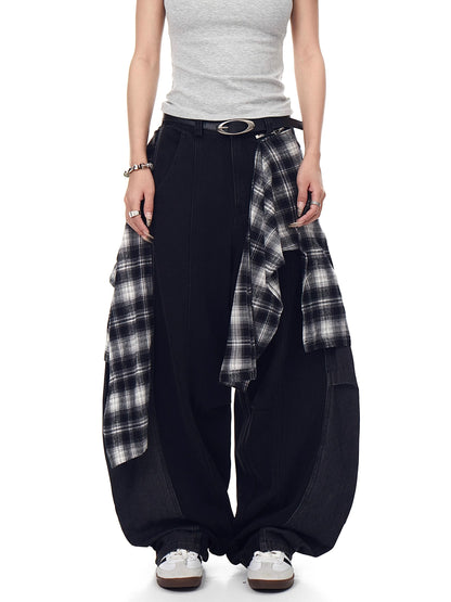 Retro Plaid Skirt Stitching Scimitar Jeans