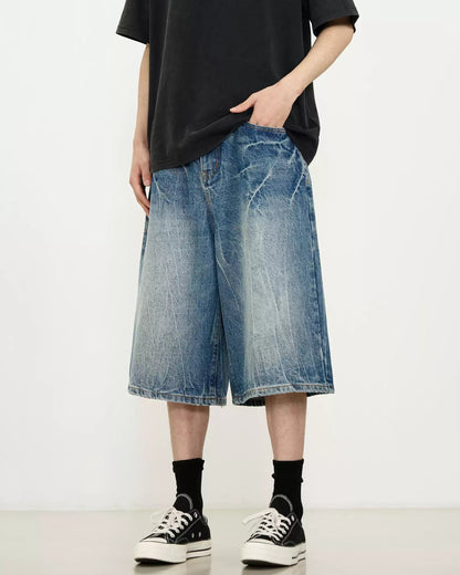 Washed Lightning Pattern Denim Shorts