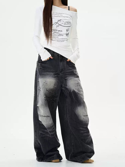 "Lightning Crack" Distressed Washed Black Jeans