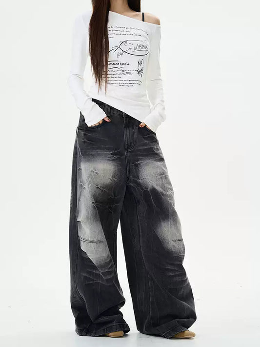 "Lightning Crack" Distressed Washed Black Jeans