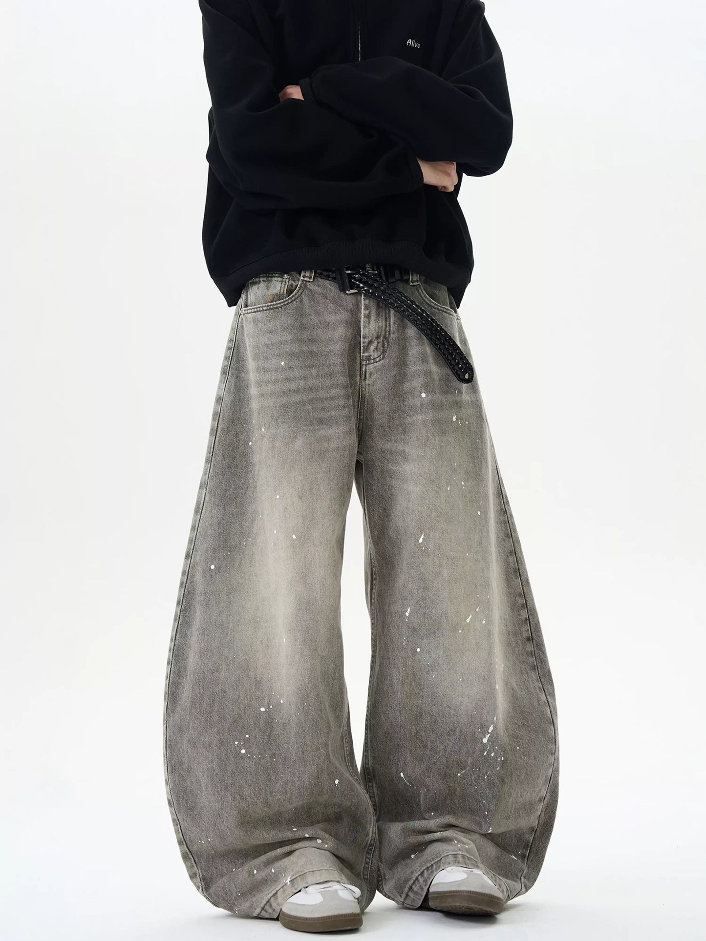 Washed Distressed Grey Ink-Splashed Scimitar Jeans