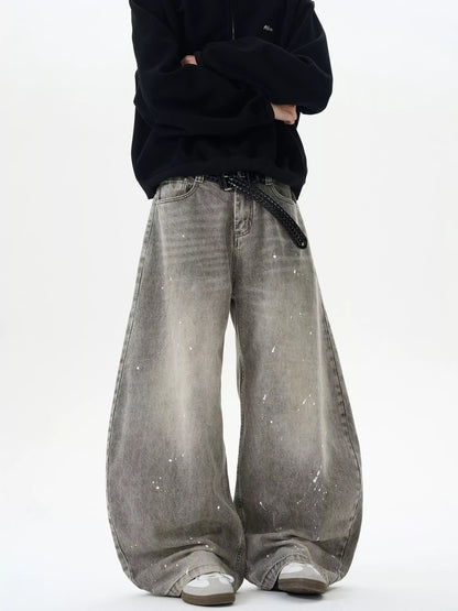 Washed Distressed Grey Ink-Splashed Scimitar Jeans