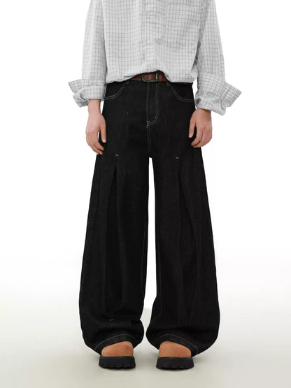 Black Wide-Leg Pleated Denim Pants
