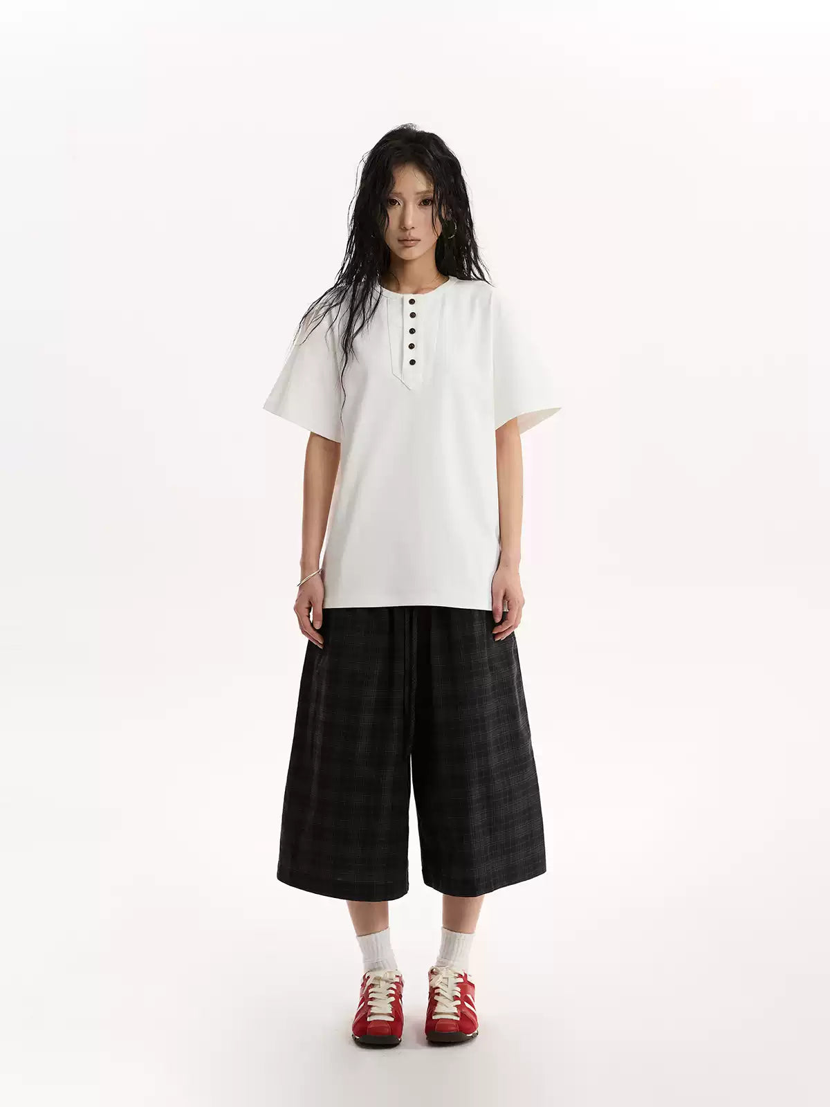 Lazy Plaid Elastic Waist Wide Leg Cropped Pants