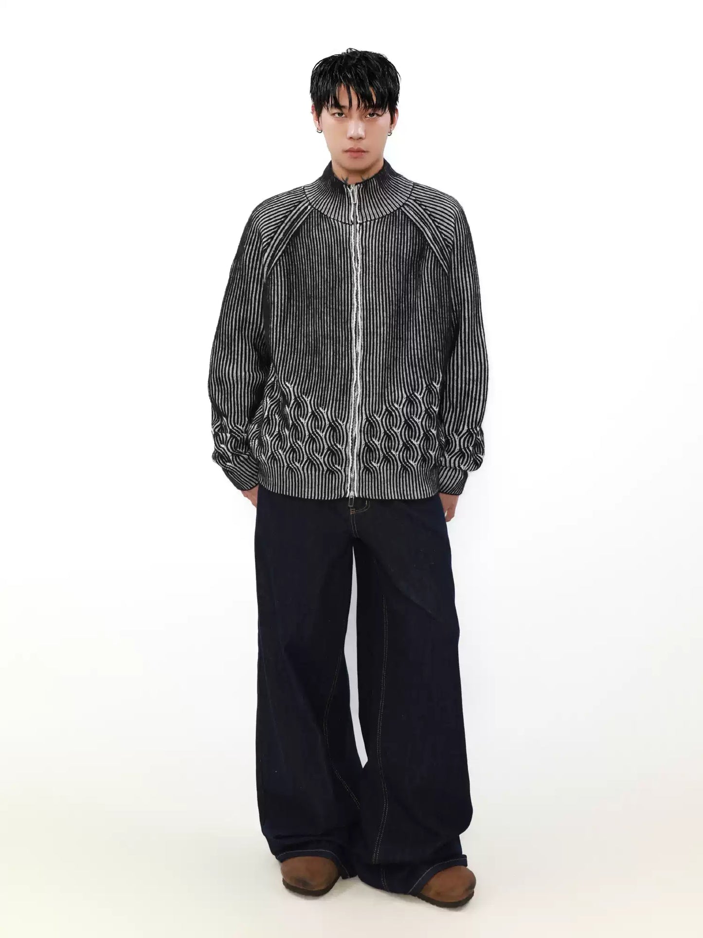 Woolen Twisted Sweater Half Turtleneck Double Zipper