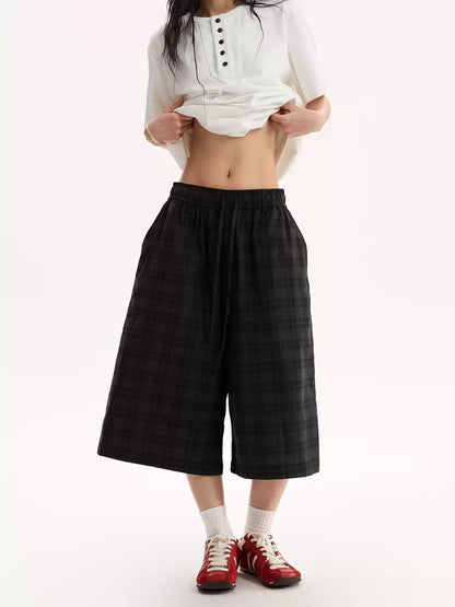Lazy Plaid Elastic Waist Wide Leg Cropped Pants