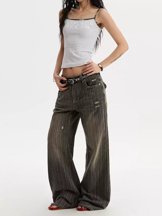 Retro Washed Vertical Stripes Distressed Jeans