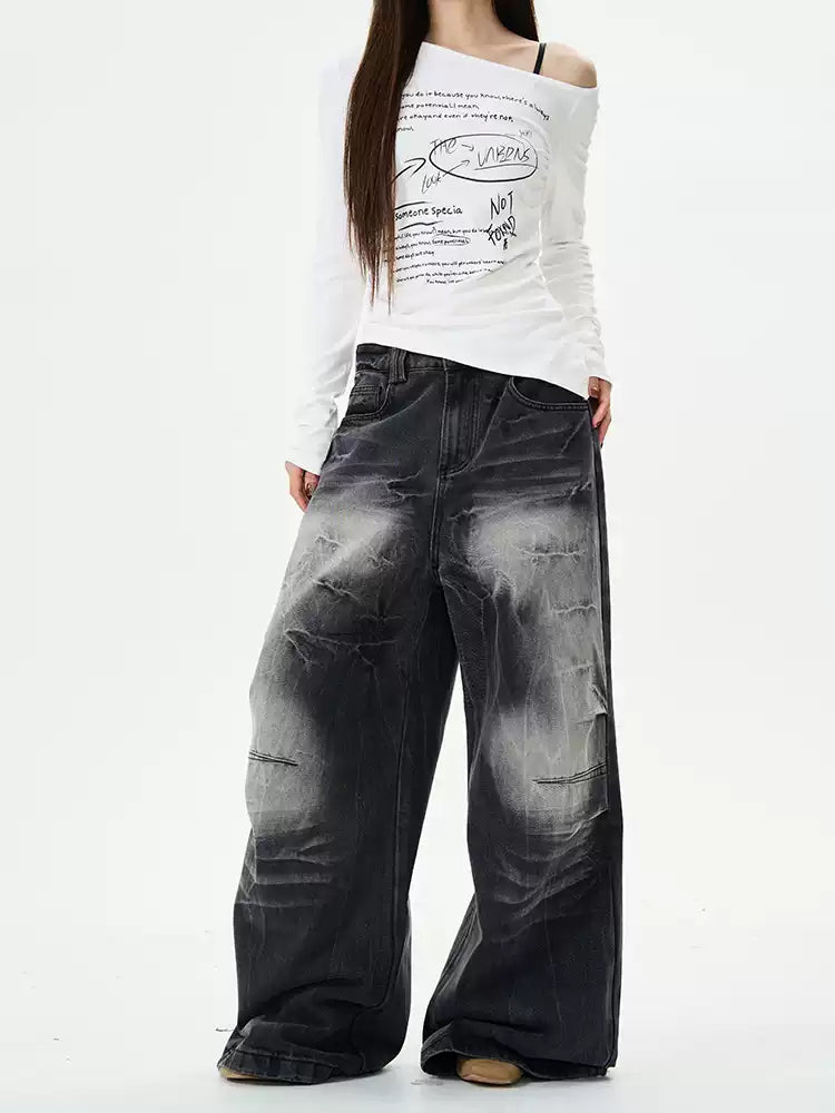 "Lightning Crack" Distressed Washed Black Jeans