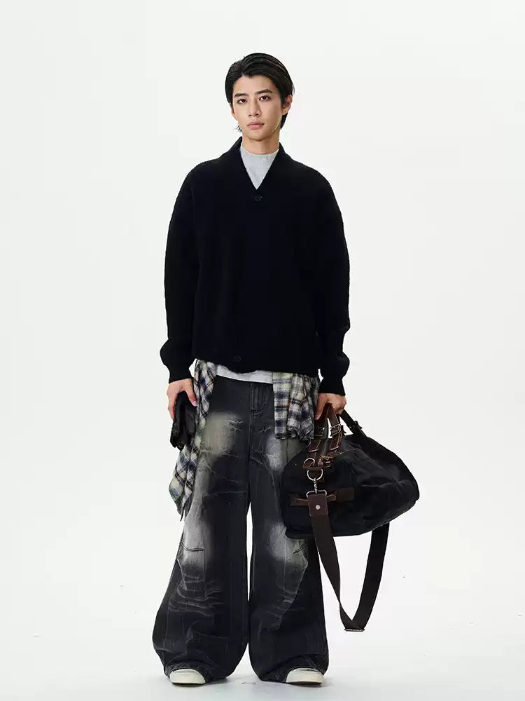 "Lightning Crack" Distressed Washed Black Jeans