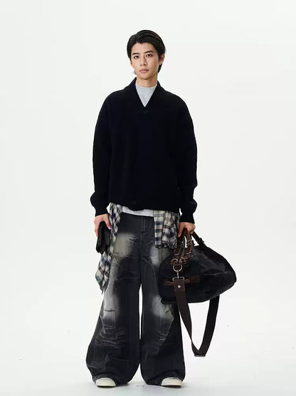 "Lightning Crack" Distressed Washed Black Jeans