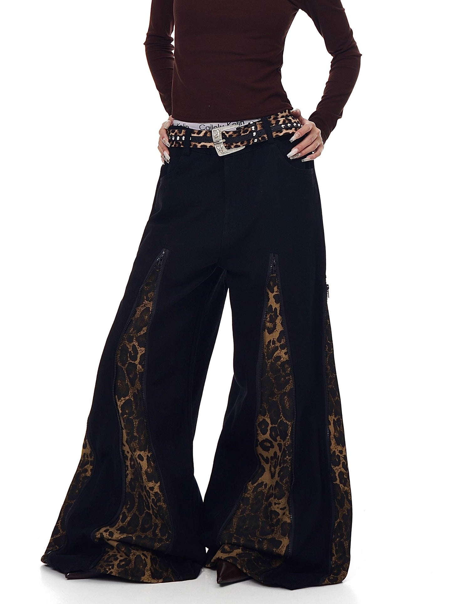 Leopard Zipper Patchwork Flared Wide-Leg Jeans