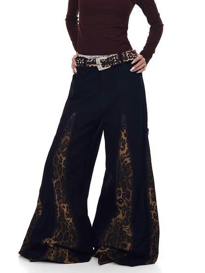 Leopard Zipper Patchwork Flared Wide-Leg Jeans