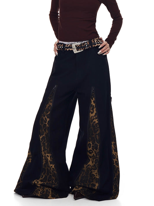 Leopard Zipper Patchwork Flared Wide-Leg Jeans
