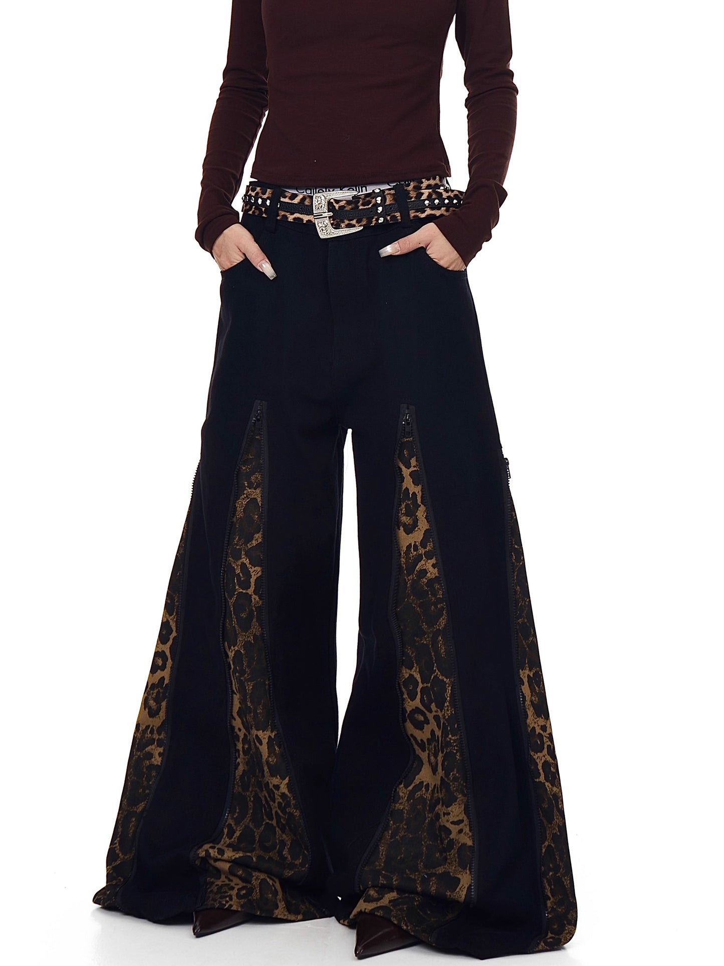Leopard Zipper Patchwork Flared Wide-Leg Jeans