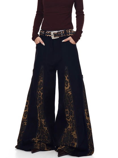 Leopard Zipper Patchwork Flared Wide-Leg Jeans