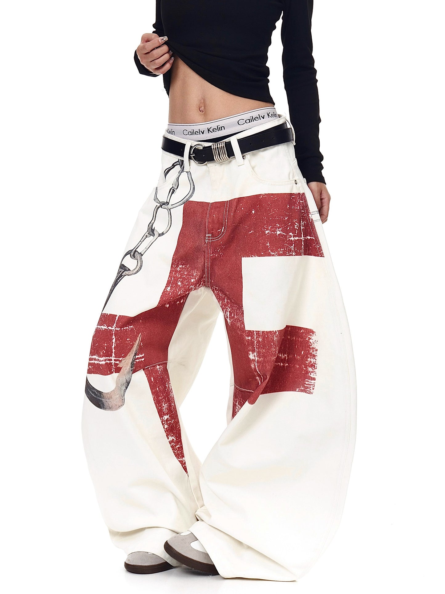 High-Street 3D Print Distressed Wide-Leg Jeans