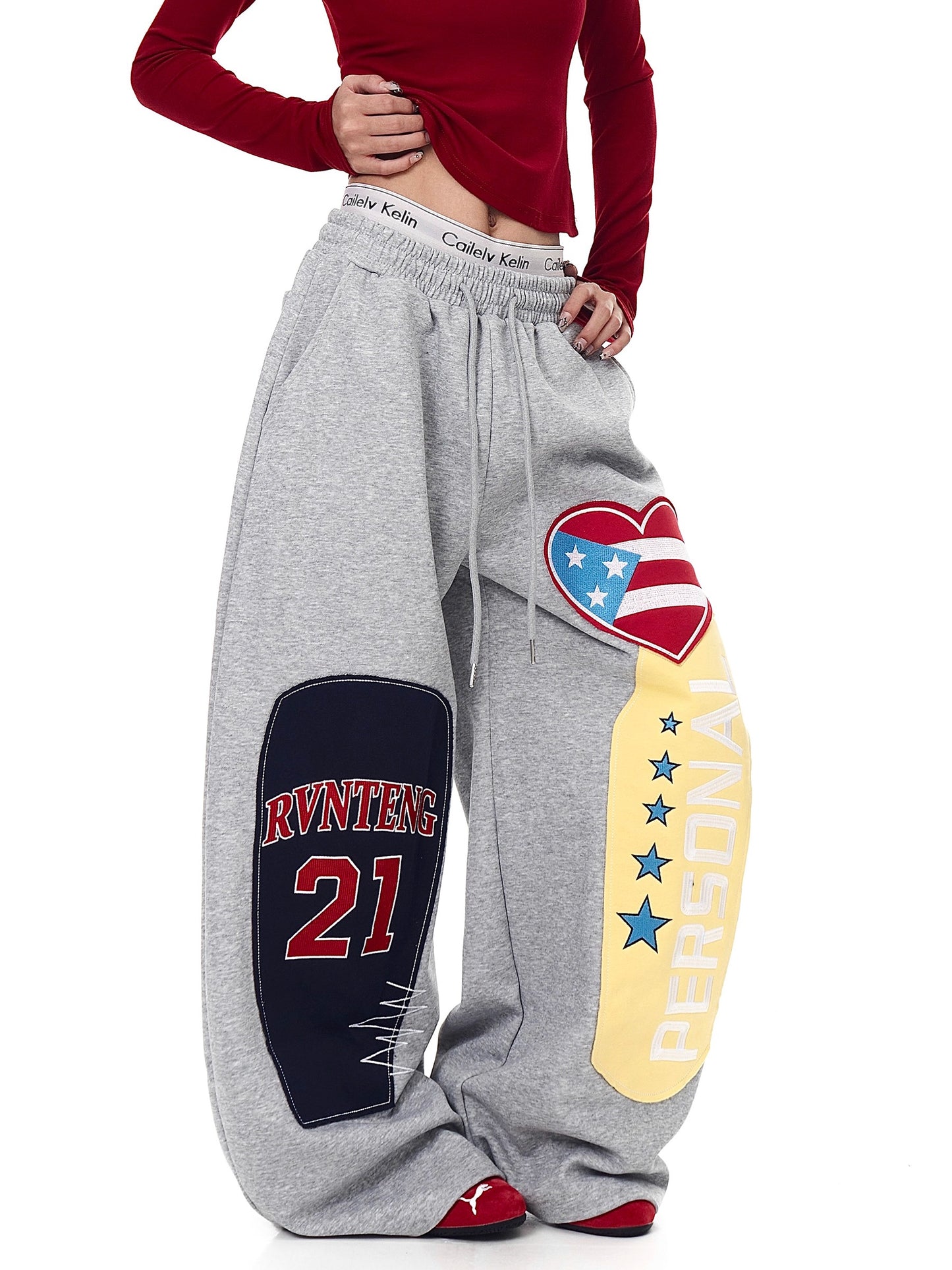 American Street Style Heart Patch Embroidery Scimitar Sweatpants