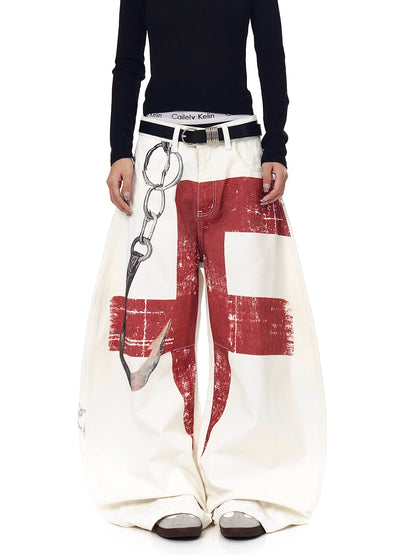 High-Street 3D Print Distressed Wide-Leg Jeans