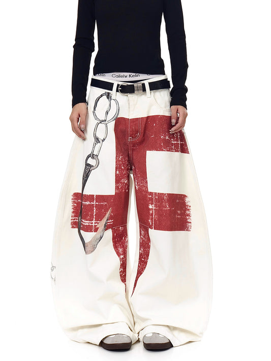 High-Street 3D Print Distressed Wide-Leg Jeans