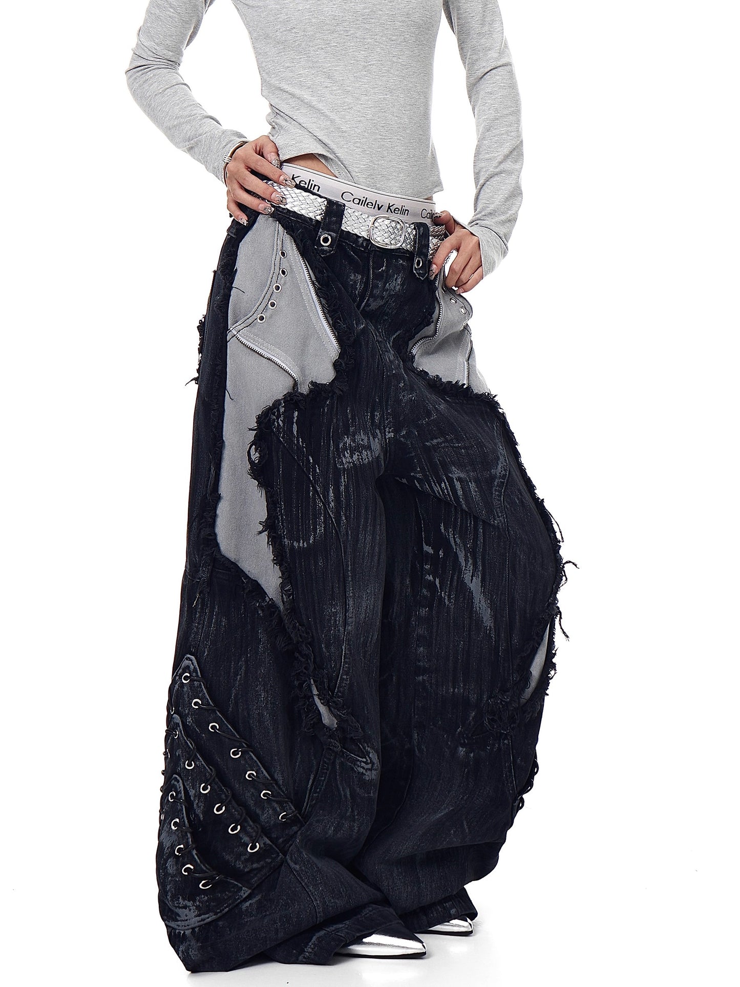 High-Street Patchwork Distressed Wide-Leg Jeans