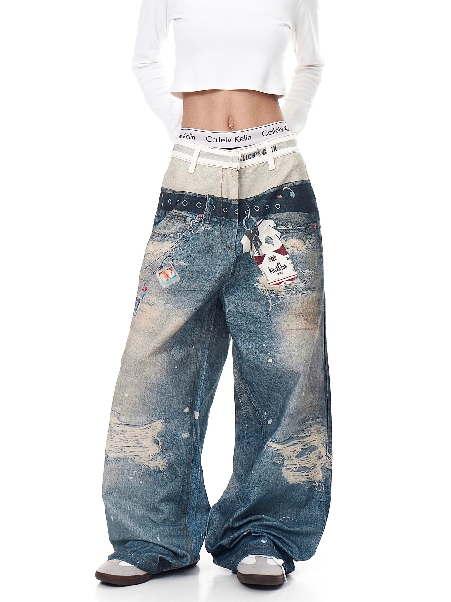 Retro 3D Print Double-Waist Straight-Leg Jeans