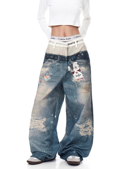 Retro 3D Print Double-Waist Straight-Leg Jeans
