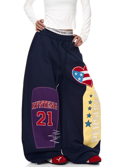 American Street Style Heart Patch Embroidery Scimitar Sweatpants