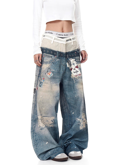 Retro 3D Print Double-Waist Straight-Leg Jeans