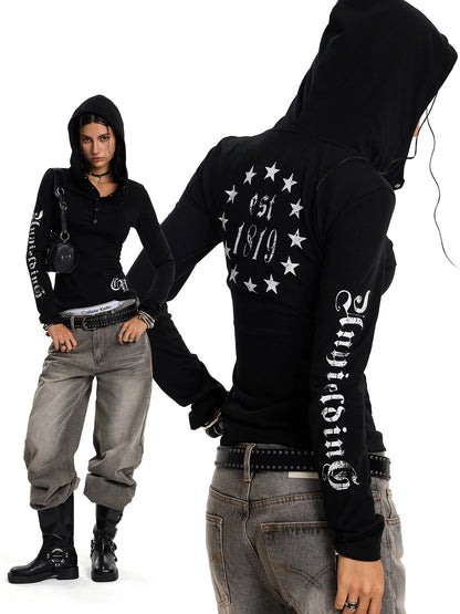 Letter Print Hooded Long-Sleeved