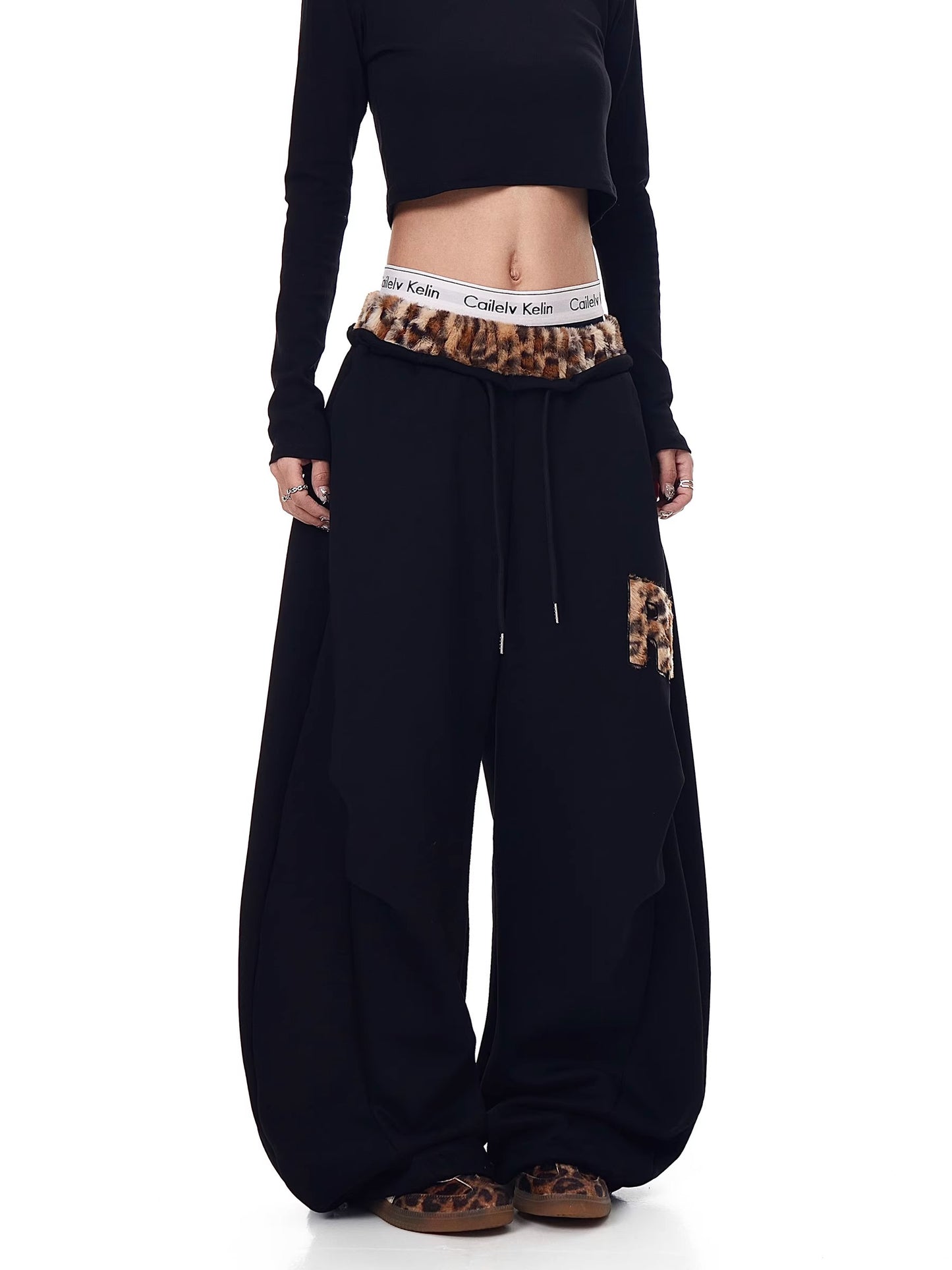 Retro Leopard Patchwork Wide-Leg Sweatpants