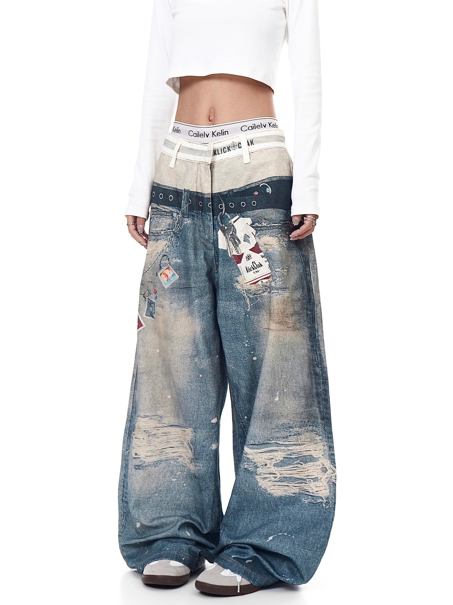 Retro 3D Print Double-Waist Straight-Leg Jeans