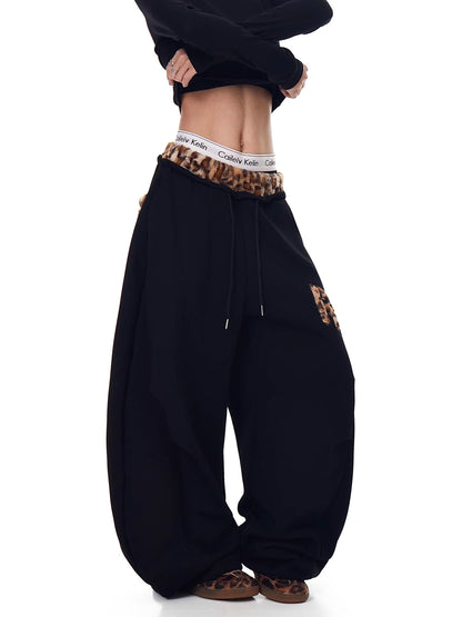 Retro Leopard Patchwork Wide-Leg Sweatpants
