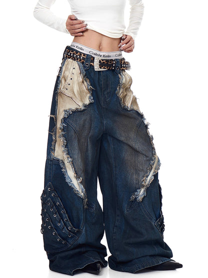 High-Street Patchwork Distressed Wide-Leg Jeans