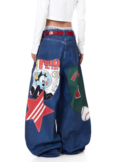 Retro Star Print Wide-Leg Jeans