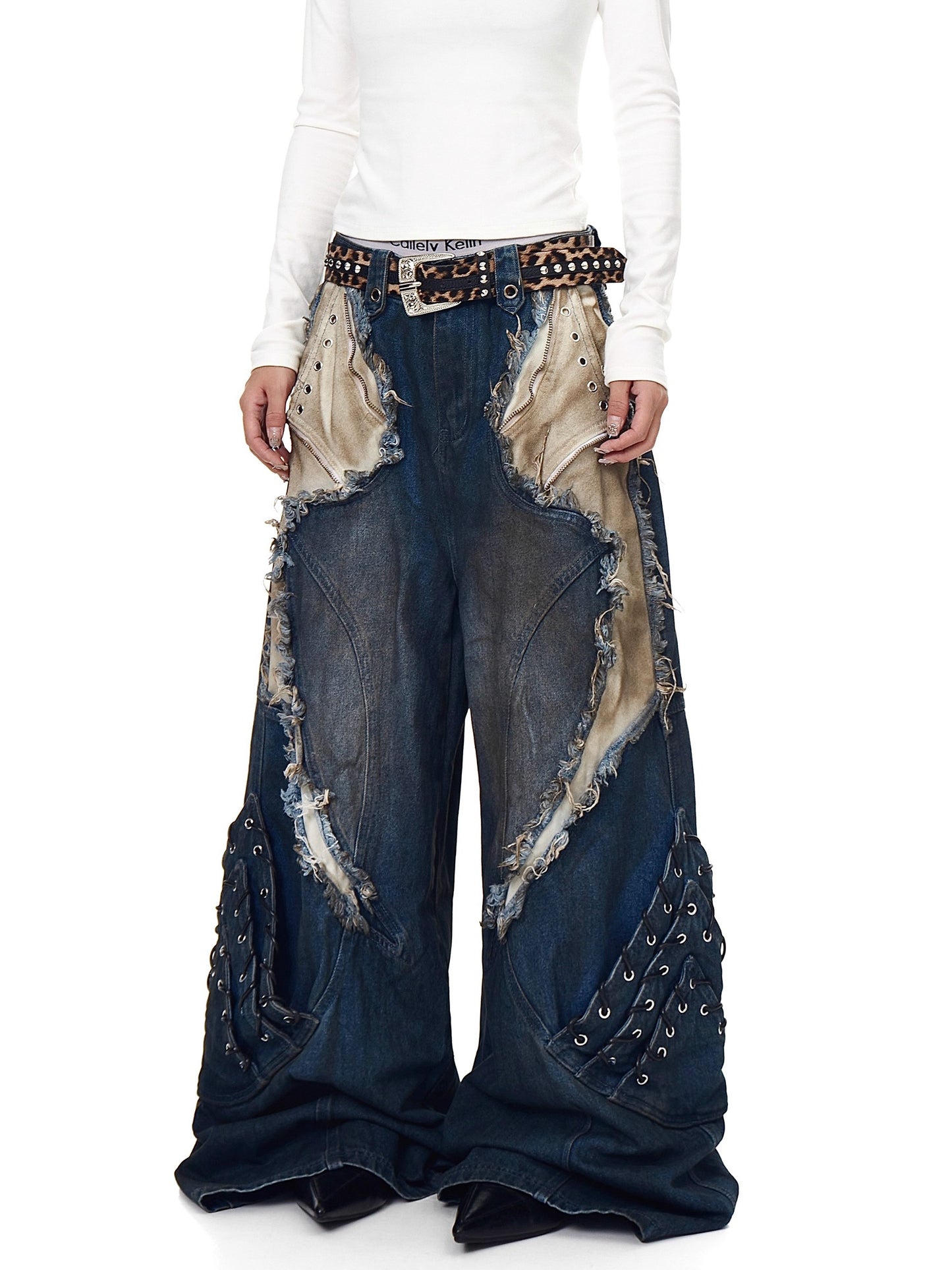 High-Street Patchwork Distressed Wide-Leg Jeans