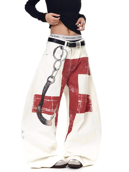 High-Street 3D Print Distressed Wide-Leg Jeans