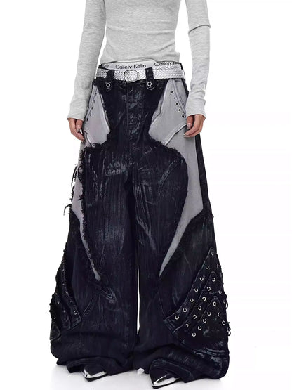 High-Street Patchwork Distressed Wide-Leg Jeans