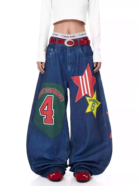 Retro Star Print Wide-Leg Jeans