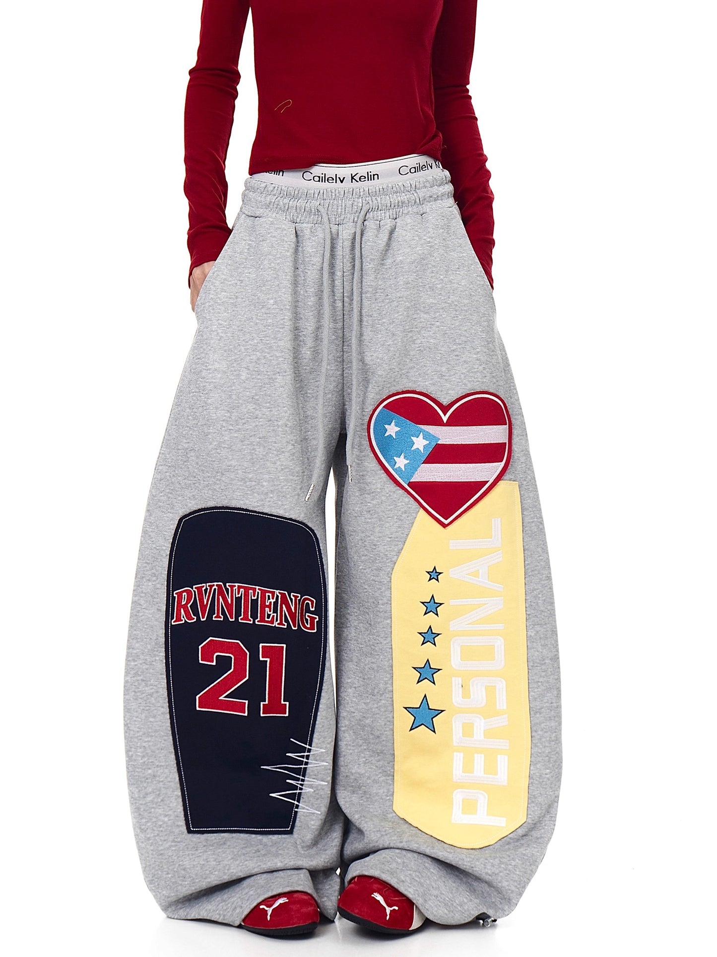 American Street Style Heart Patch Embroidery Scimitar Sweatpants