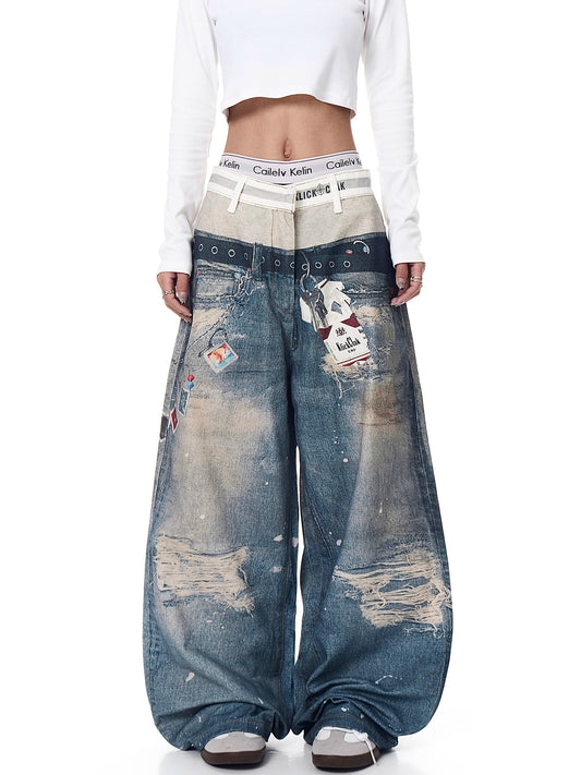 Retro 3D Print Double-Waist Straight-Leg Jeans