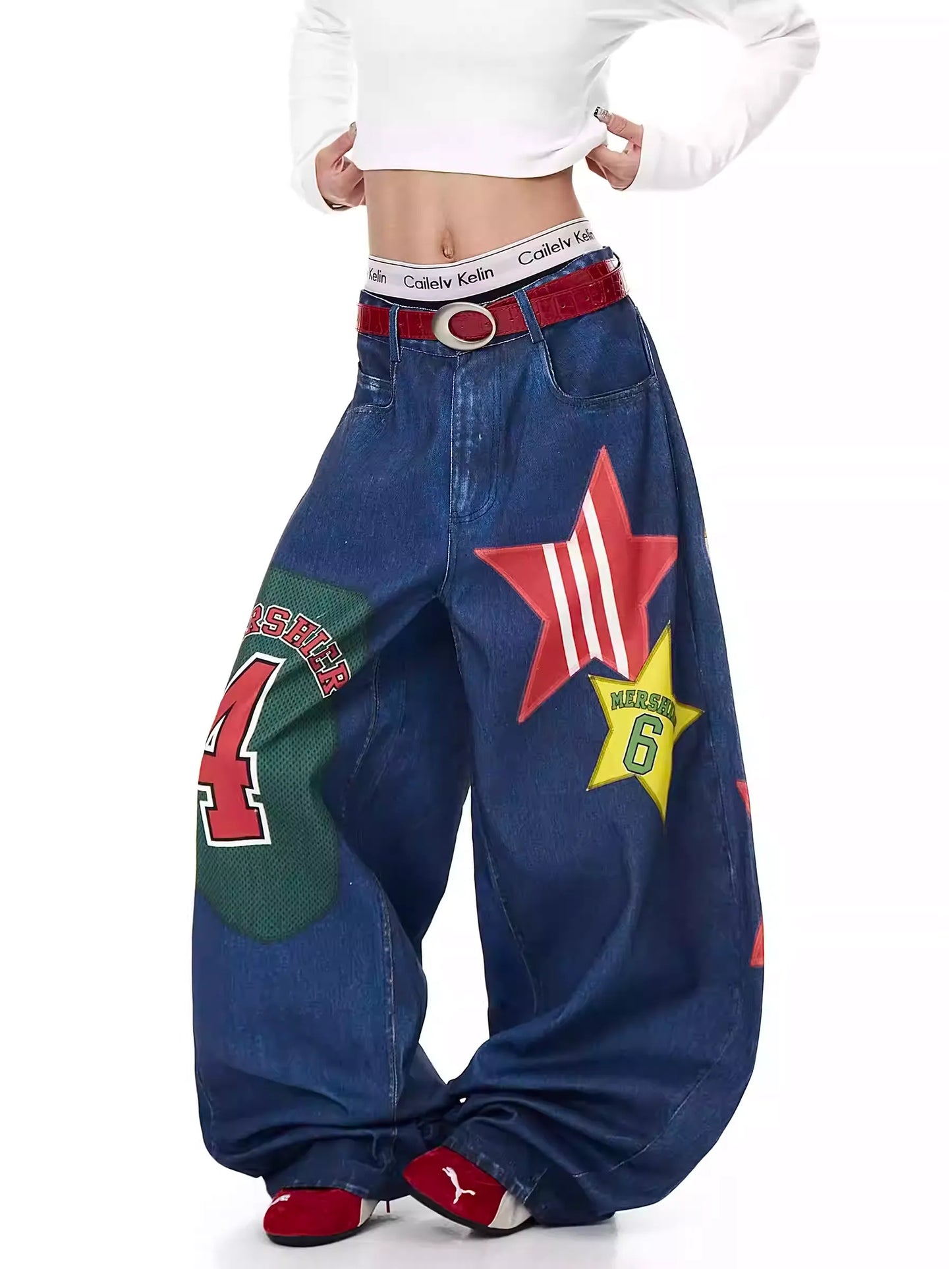 Retro Star Print Wide-Leg Jeans
