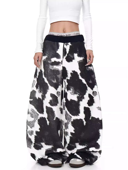 Retro Cow Print Wide-Leg Sweatpants